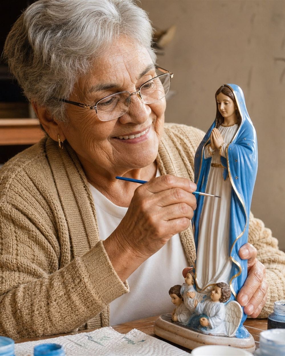 Senhora de óculos pintando à mão uma imagem de Nossa Senhora em gesso, sentada à mesa do ateliê