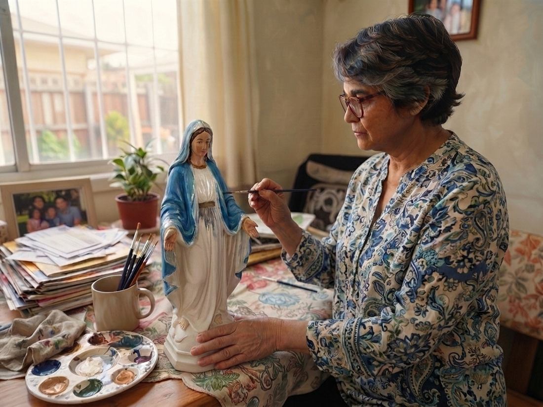 Mulher pintando o manto de uma imagem de Nossa Senhora na mesa de casa, com luz de janela e o retrato da família ao lado
