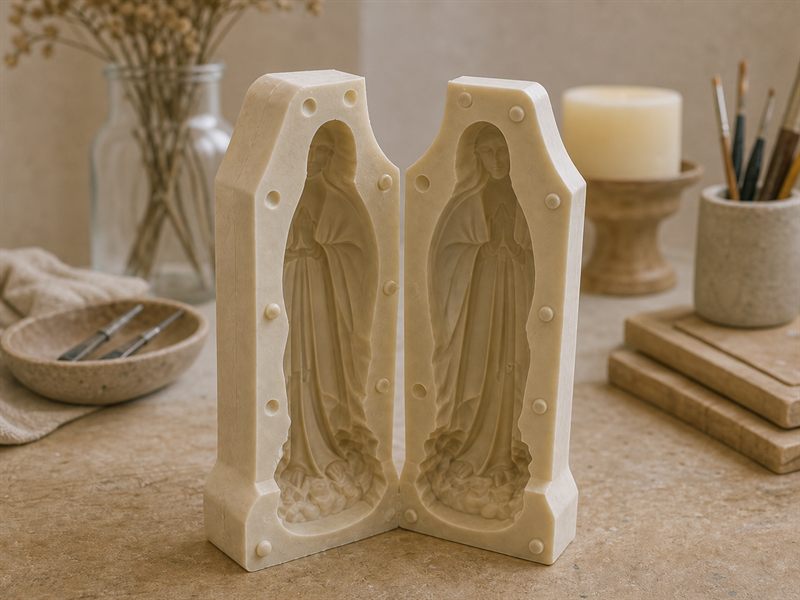 Molde de silicone aberto sobre a bancada, pronto para receber o gesso