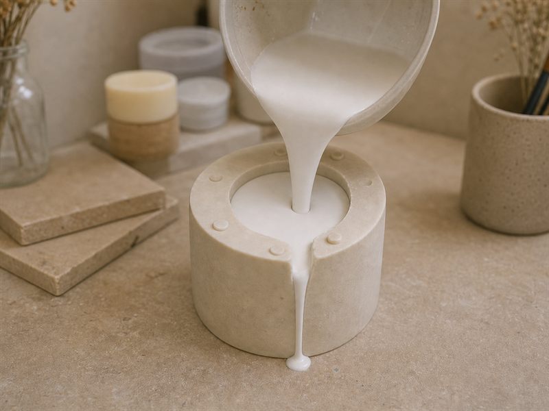 Gesso recém-preparado sendo despejado devagar dentro do molde