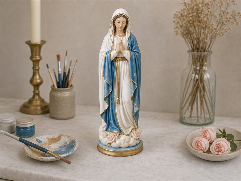 Pincel fino dando os últimos detalhes no rosto de uma imagem sacra